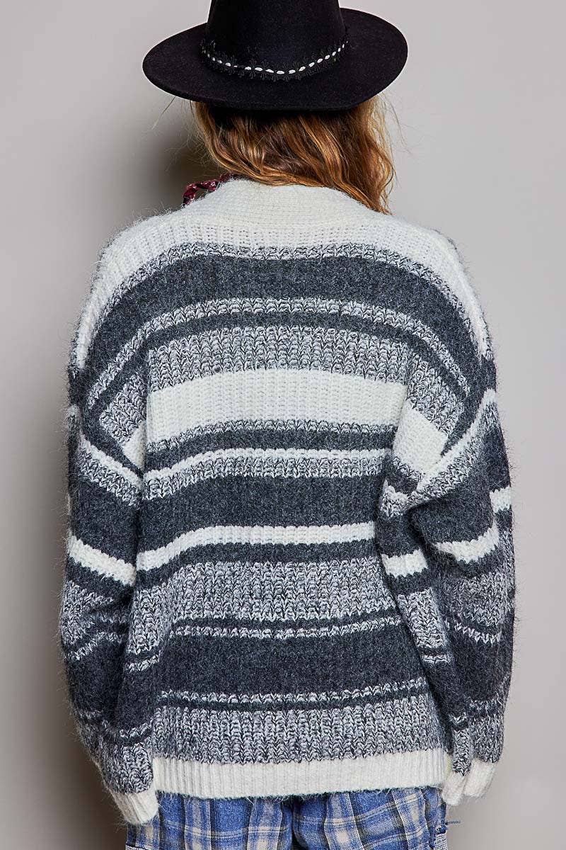 Striped Knit Oversized V-Neck Button Pockets Cardigan SALE: BLACK MULTI / OS