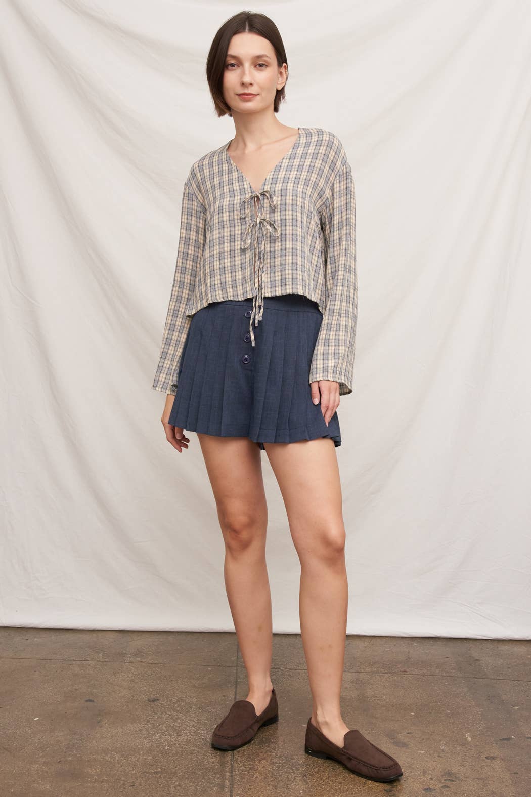 Tie Front Long Sleeve Plaid Blouse: Blue / M