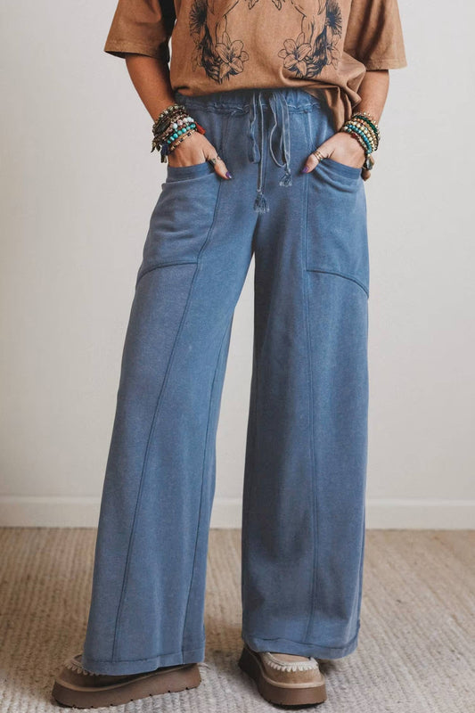 66 Mineral Wash Drawstring High Waist Wide Leg Pants (S-XL): Ashleigh Blue / M