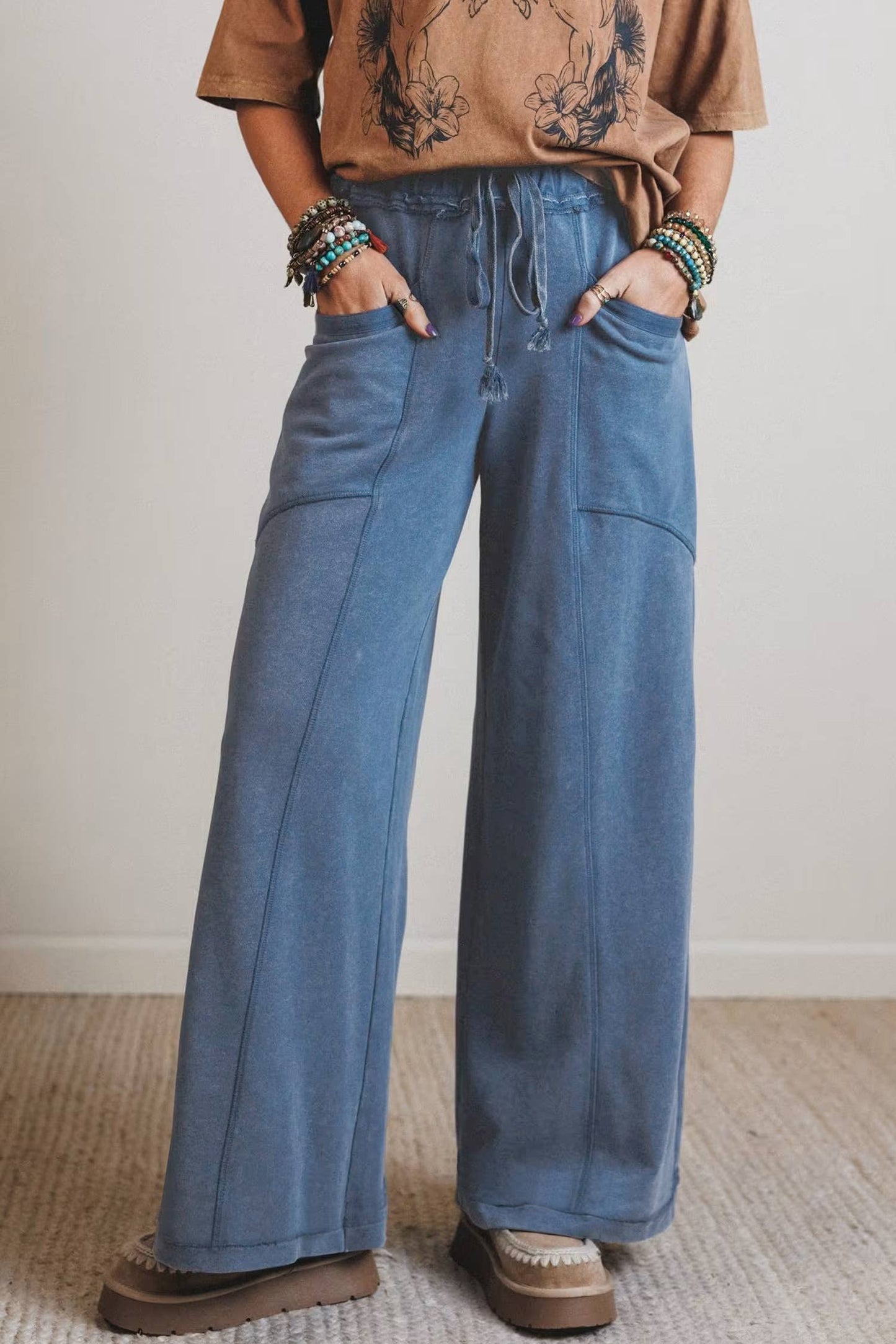 66 Mineral Wash Drawstring High Waist Wide Leg Pants (S-XL): Ashleigh Blue / XL