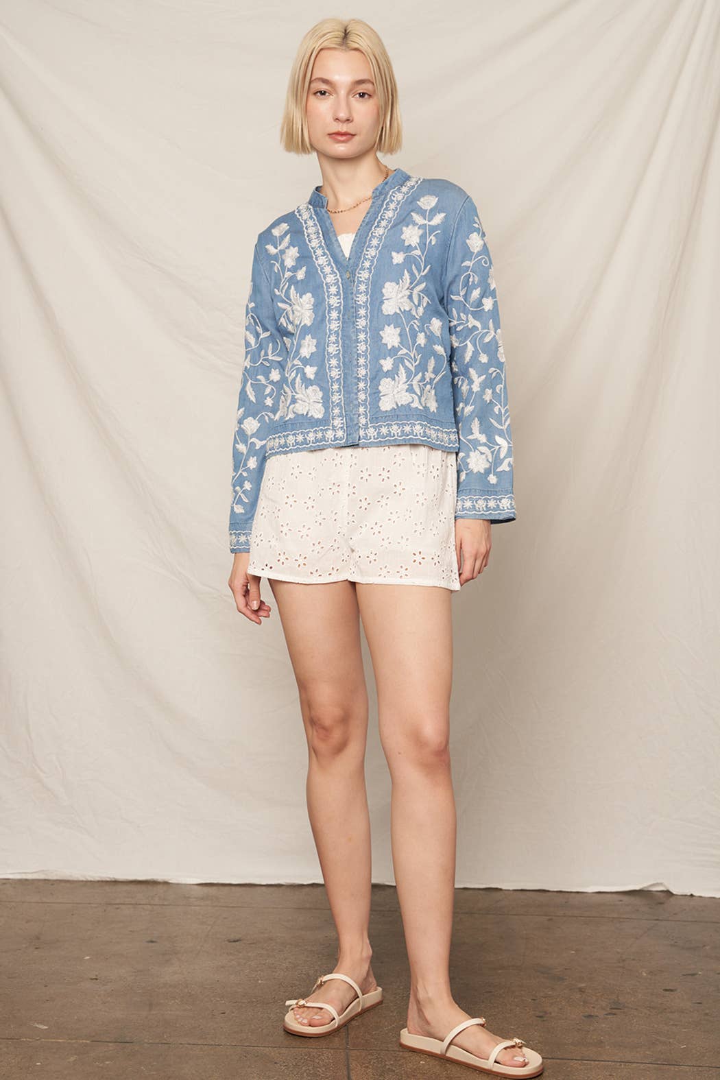 Long Sleeve Embroidered Denim Button Down Top: Dark Denim / S/M
