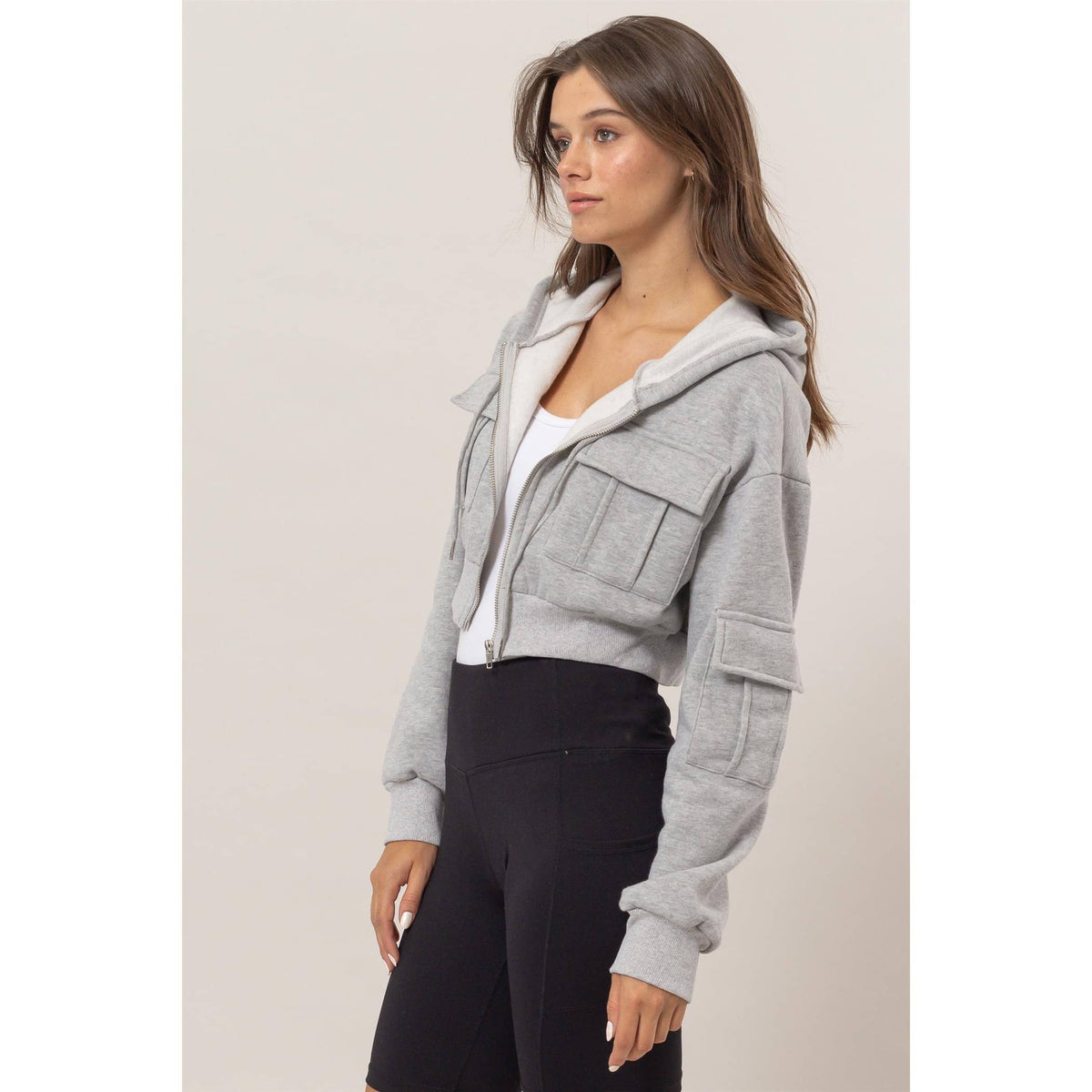 Fleece French Terry Cropped Jacket: H.GRAY / S-M-L(2-2-2)