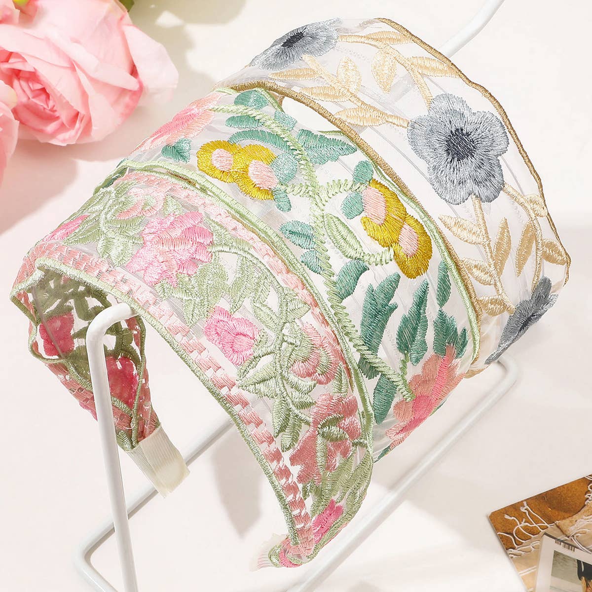 MESH EMBROIDERED FLOWER HEADBAND_CWAHA1651: Green / (OS) 3