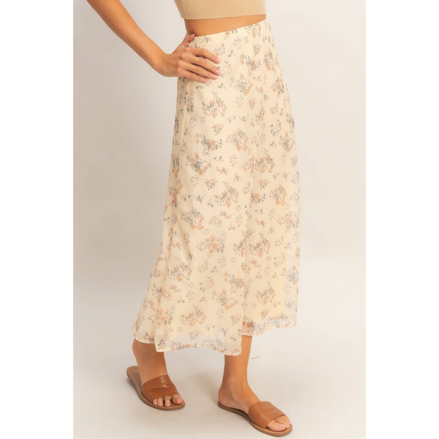 Floral Print Bias Skirt: BROWN / S-M-L(2-2-2)