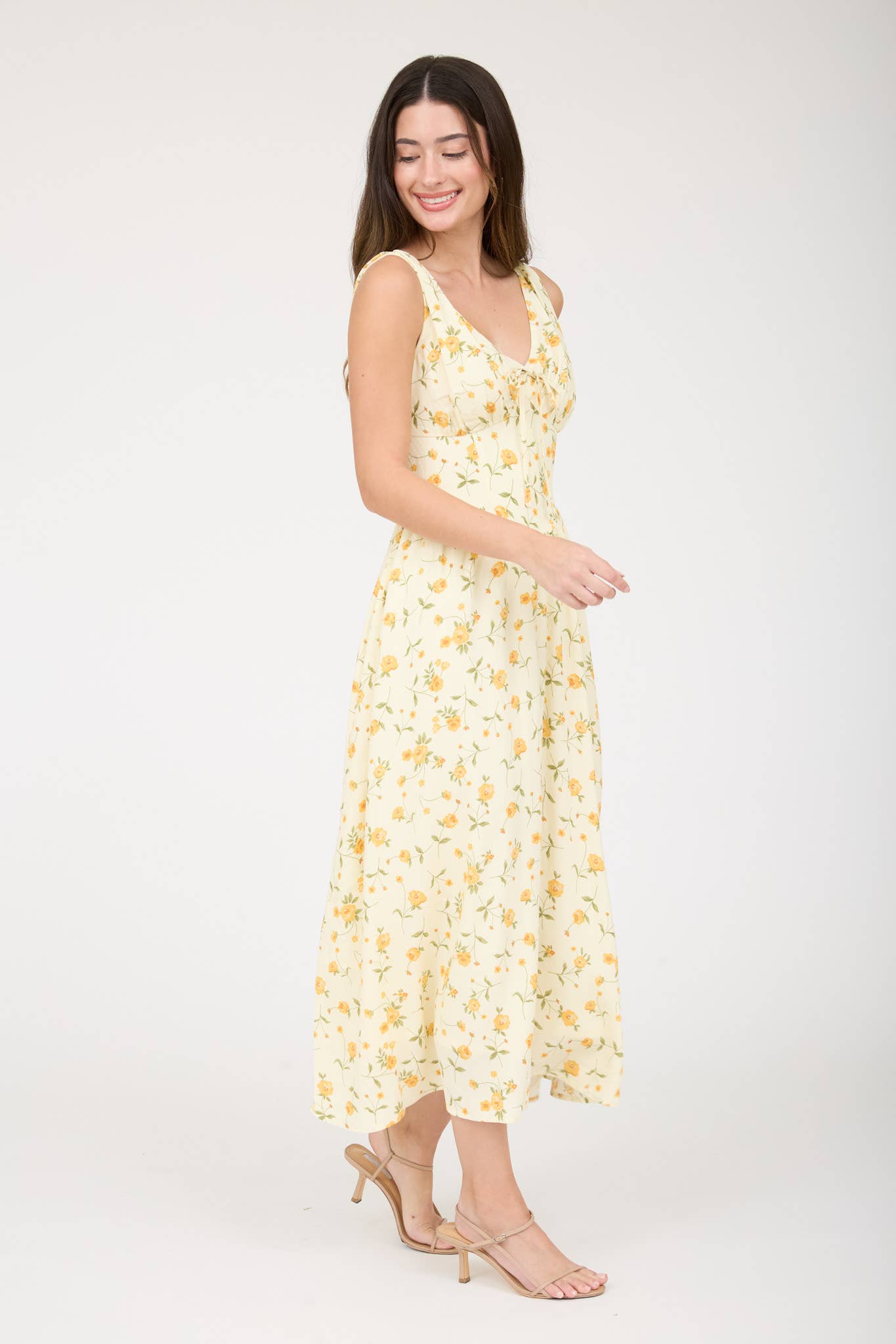 FLORAL V NECK SLEEVELESS CORSET MIDI DRESS : BLUE MULTI