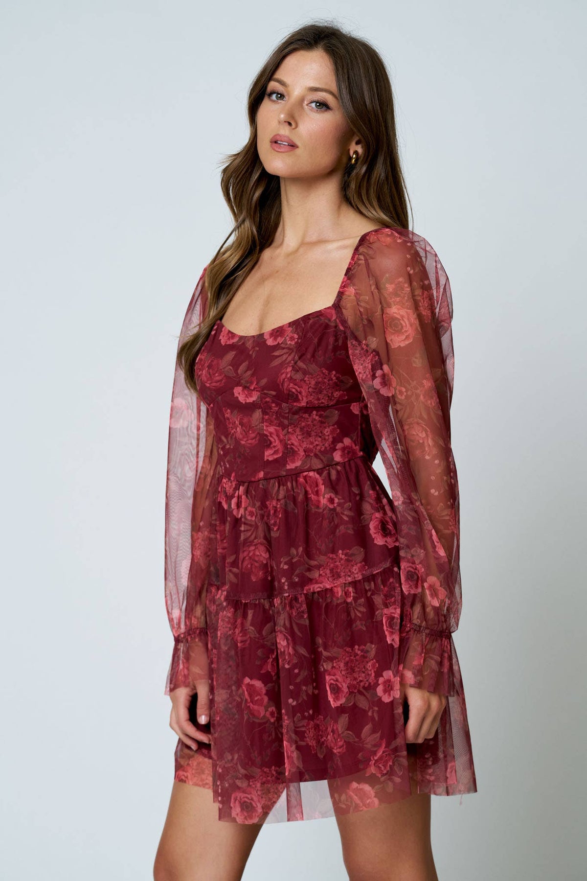 FLORAL CHIFFON LONG SLEEVE CORSET MINI DRESS: BURGUNDY MULTI