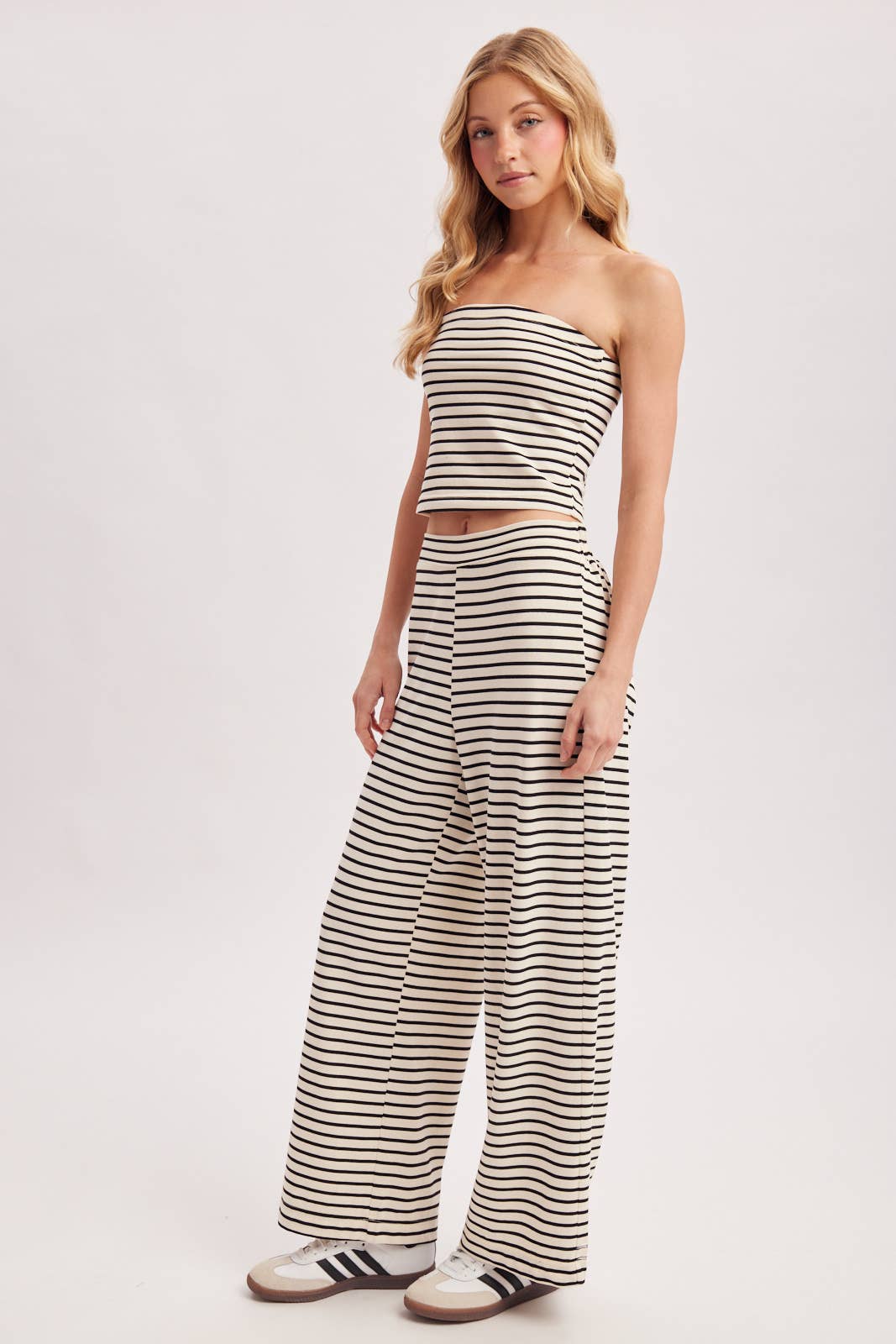STRIPED KNIT TUBE AND WIDE PANTS SET: MOCHA COMBO / M