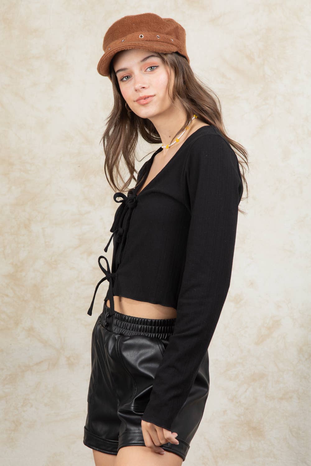 VT15148-3-Strap Tie V Neck Crop Top: AVOCADO / S-M-L/2-2-2
