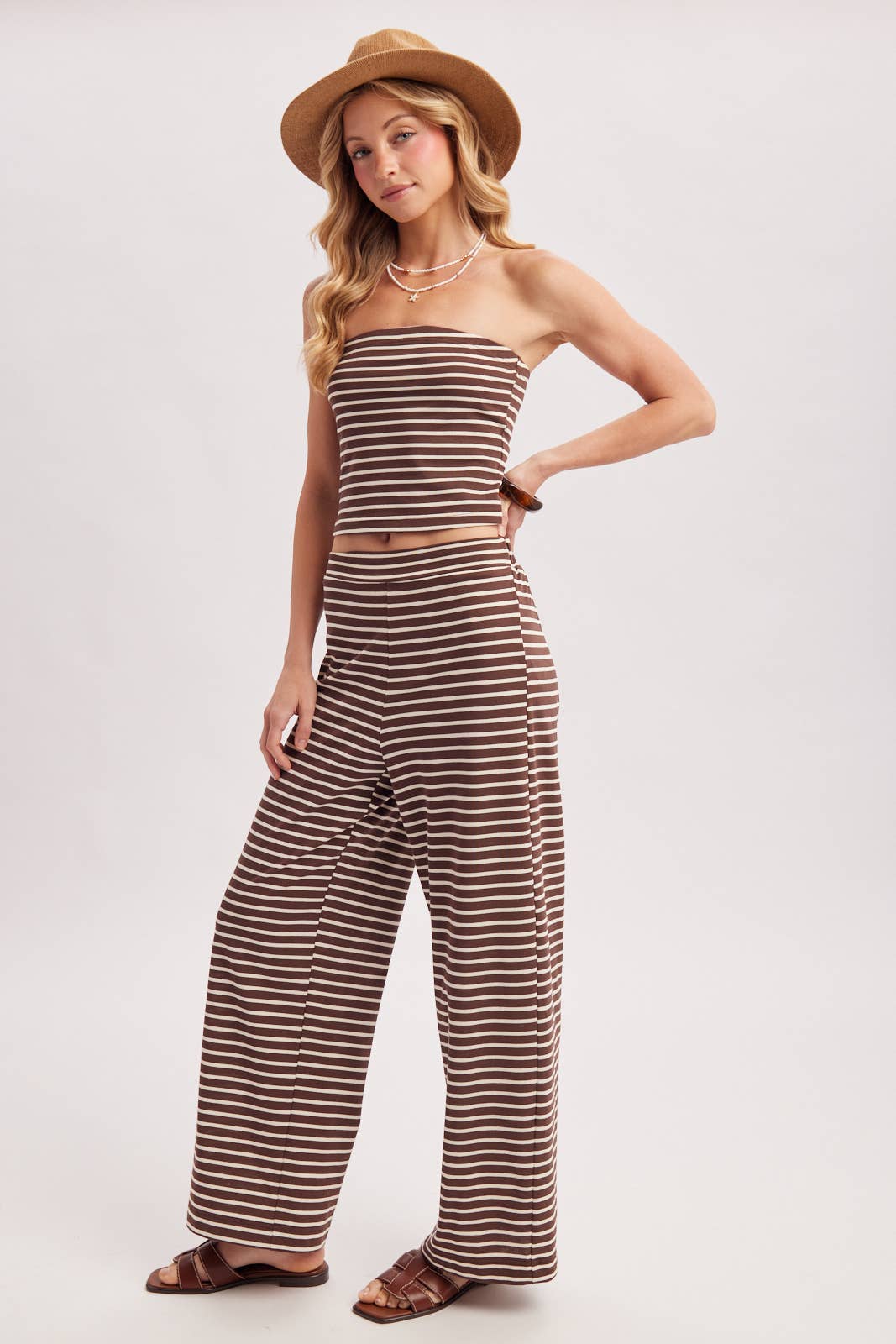 STRIPED KNIT TUBE AND WIDE PANTS SET: MOCHA COMBO / M