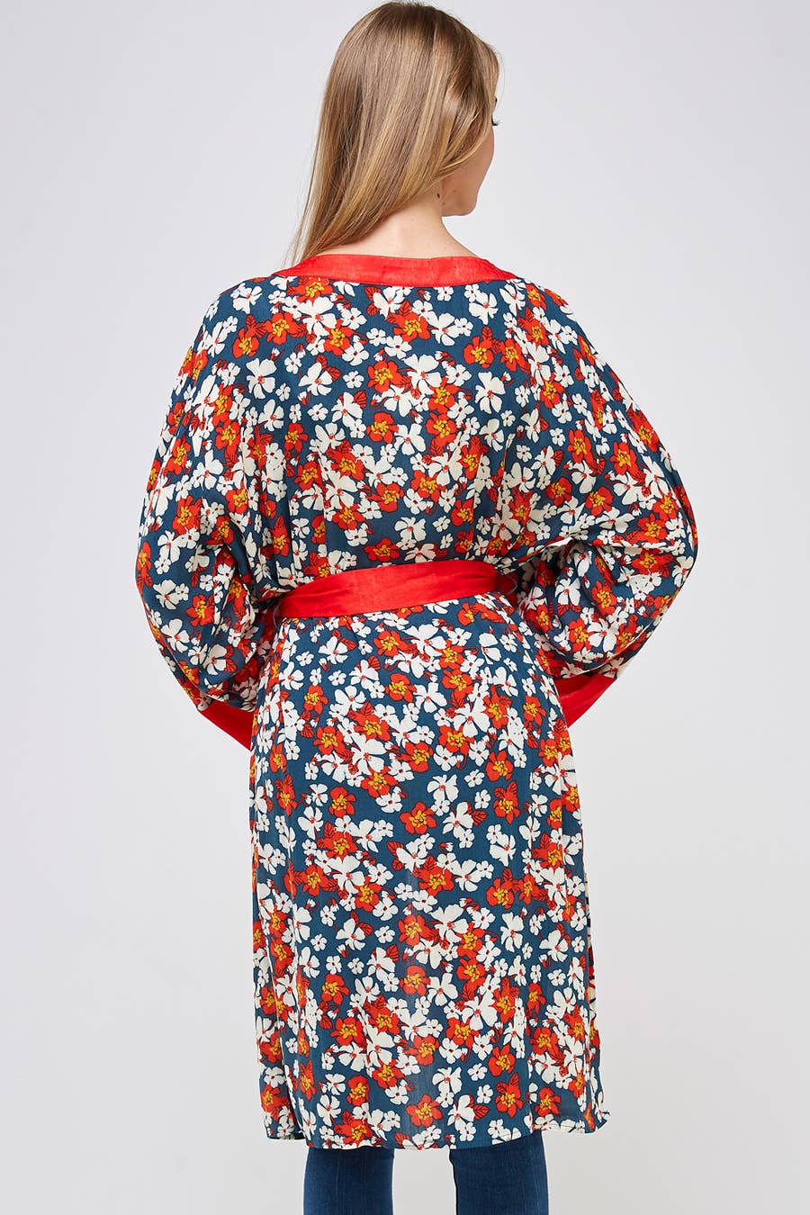 Red Trim Floral Long Kimono Cardigan: TEAL RED / S/M