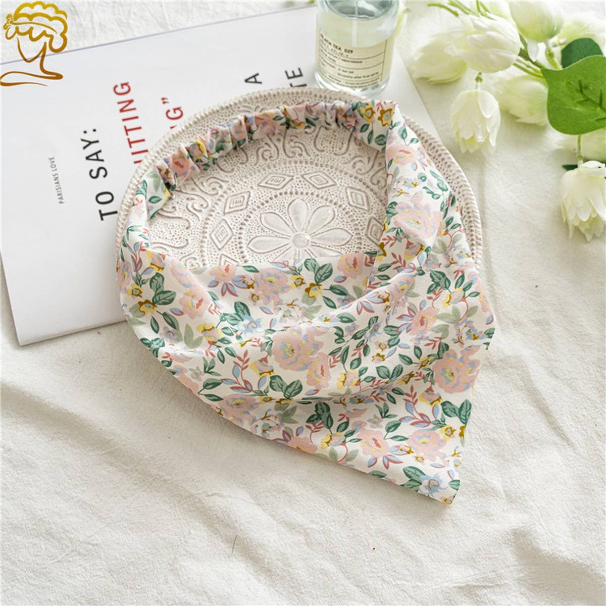 FLORAL PASTORAL STYLE TURBAN WITH ELASTIC BANDANA_CWAHA0847: Yellow / (OS) 3
