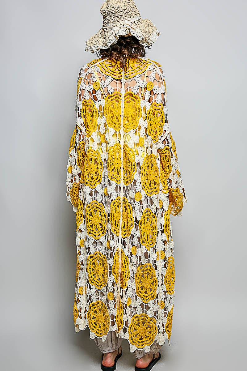 Maxi Long Sleeve Crochet Open Cardigan: BLUE MULTI / OS