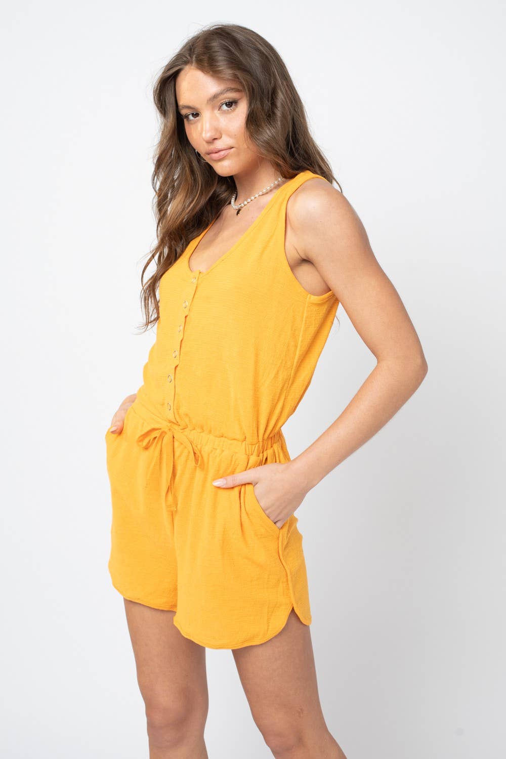 NP70002-Metal snap button down romper: MOCHA / S-M-L/2-2-2