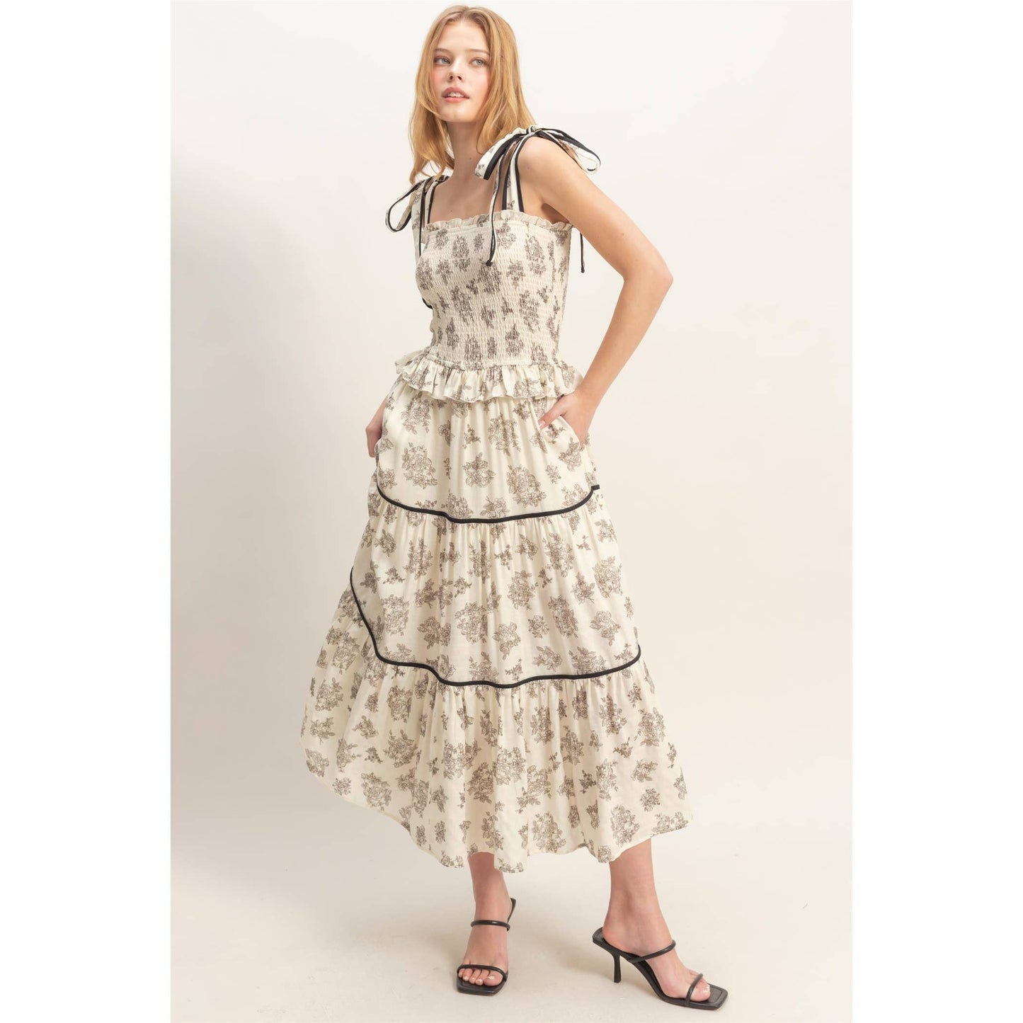 Floral Tiered Sundress: BLACK / S-M-L(2-2-2)