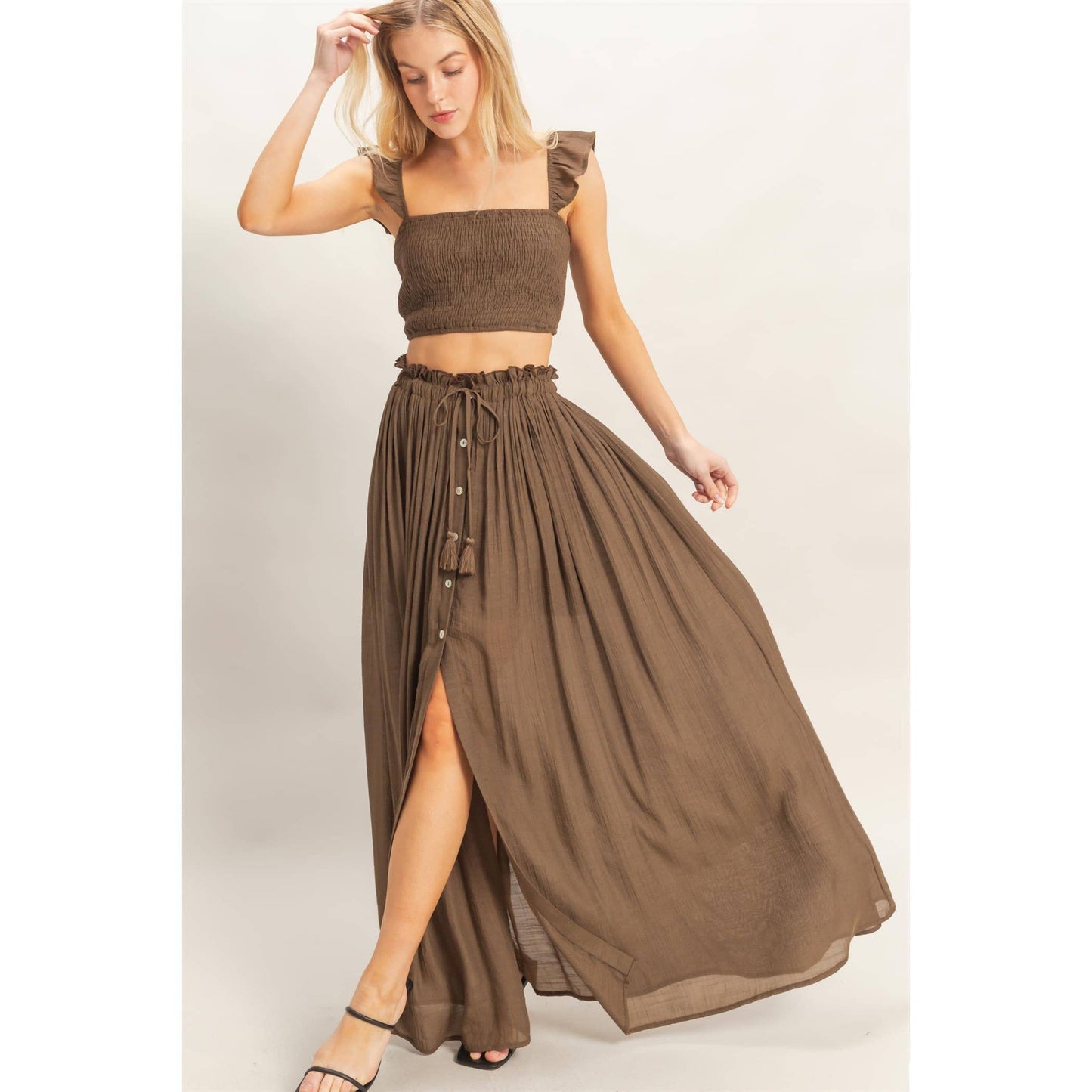Smocked Top & Maxi Skirt Set: POWDER BLUE / S-M-L(2-2-2)