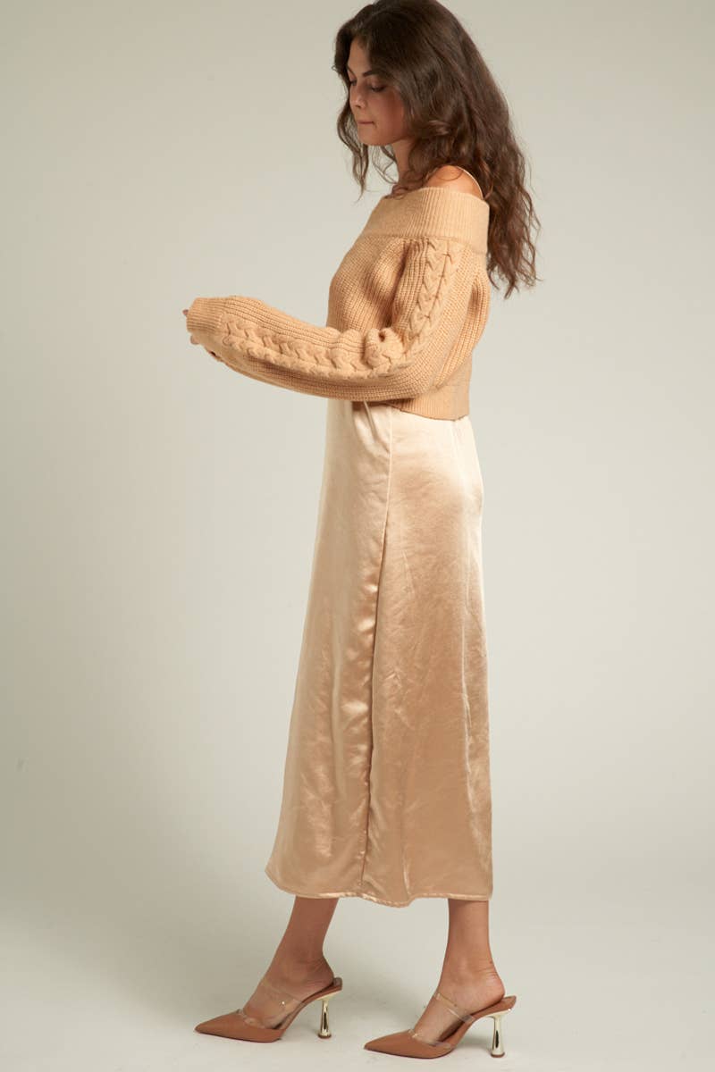 Satin Midi Dress & Sweater Set: Taupe / M