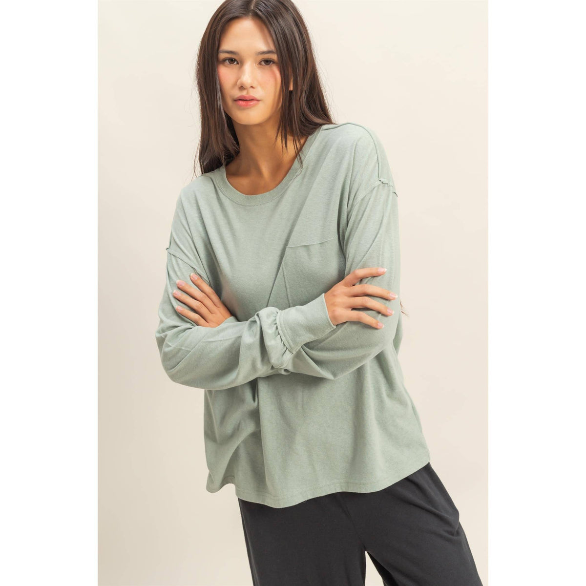 Long Sleeve Pocket T-Shirt: DUSTY PINK / S-M-L(2-2-2)