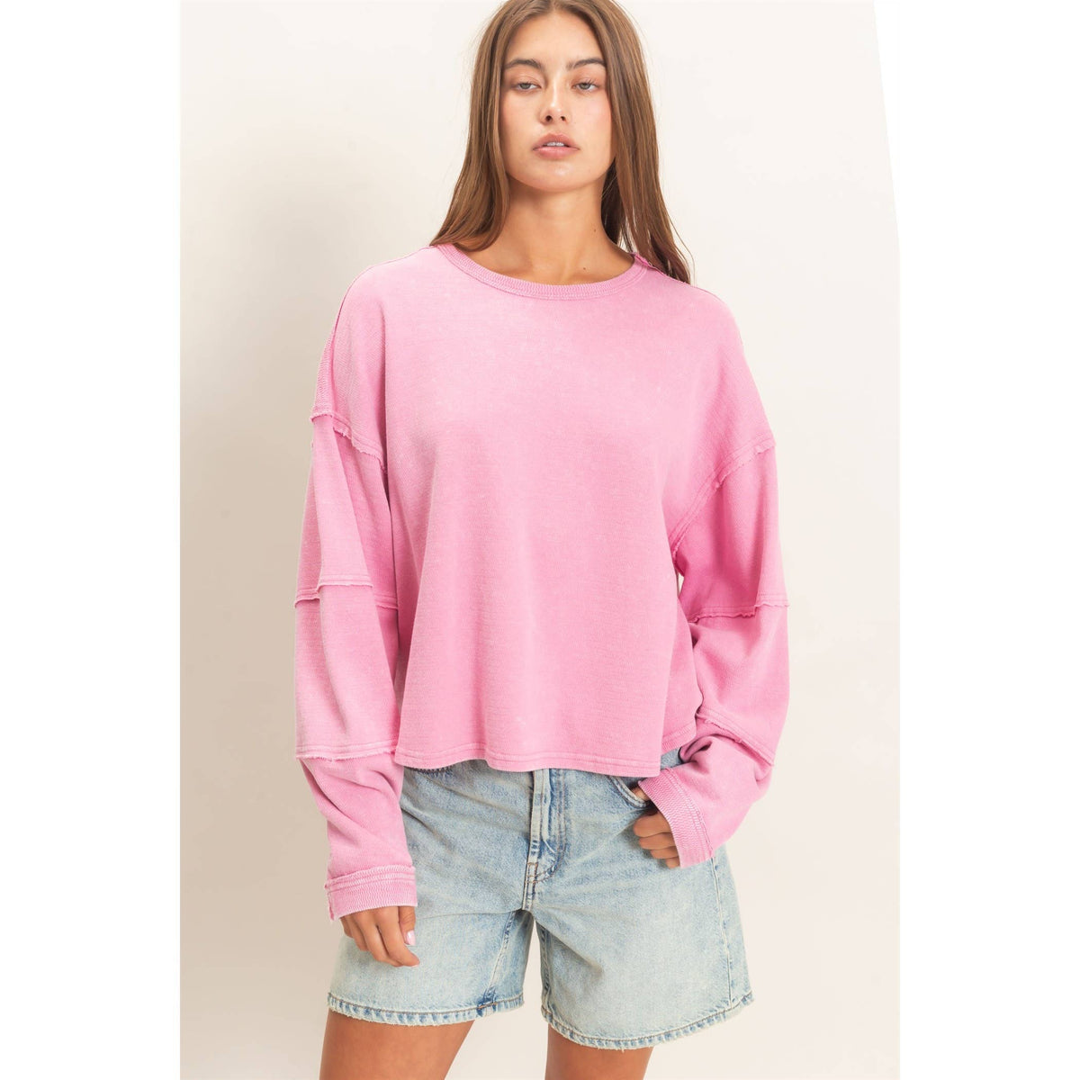 Mineral Wash Overzised Raw Edge Crew Neck Top: DARK RED / S-M-L(2-2-2)