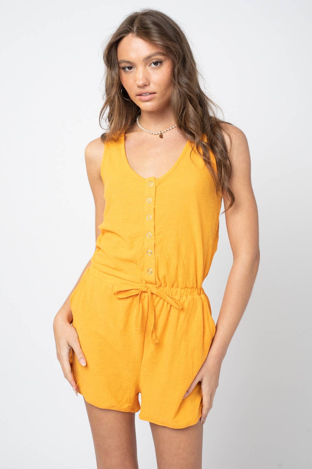 NP70002-Metal snap button down romper: MOCHA / S-M-L/2-2-2