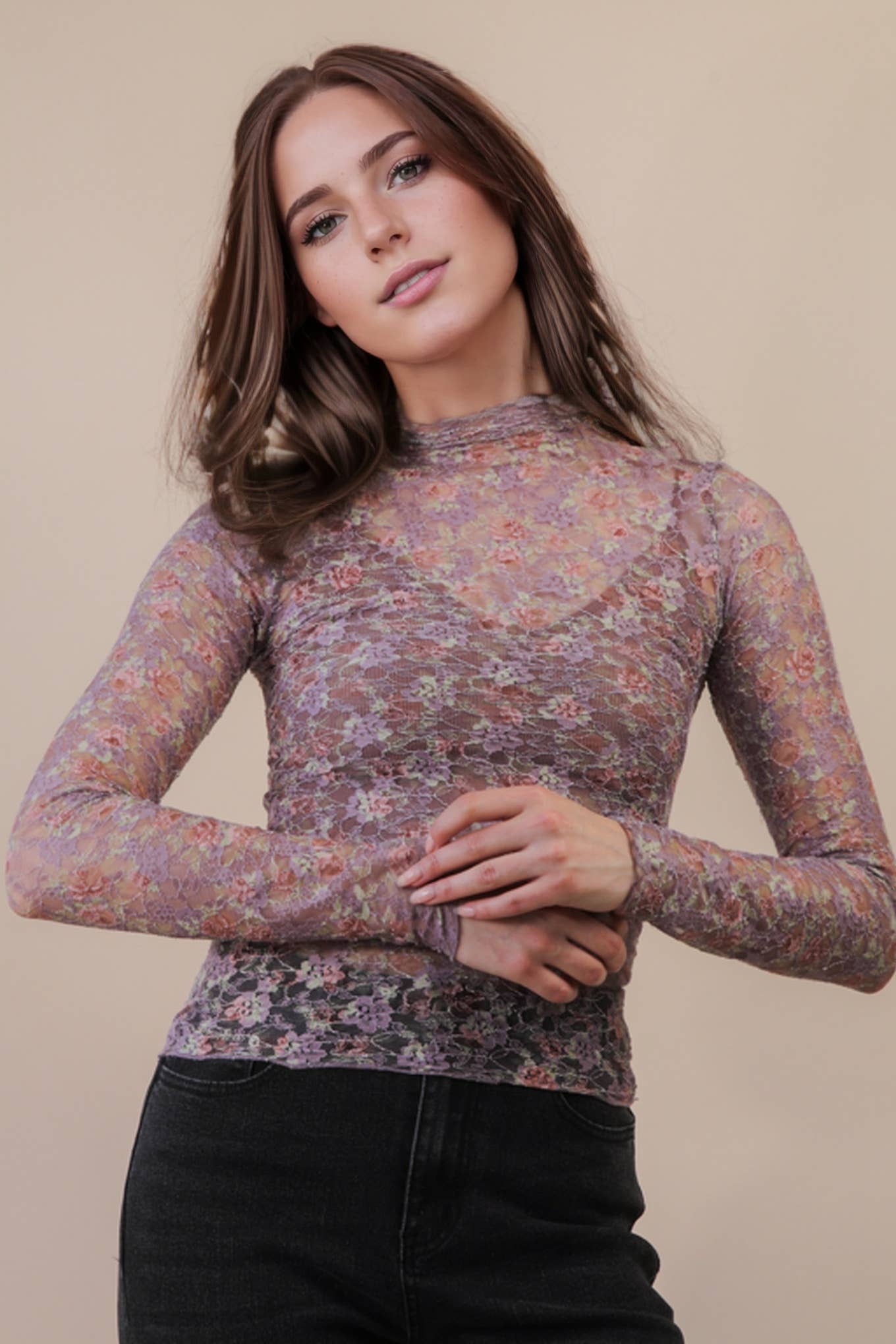 NT12220-High Neck Fitted Sheer Mesh Lace Knit Top: FOREST / S-M-L/2-2-2
