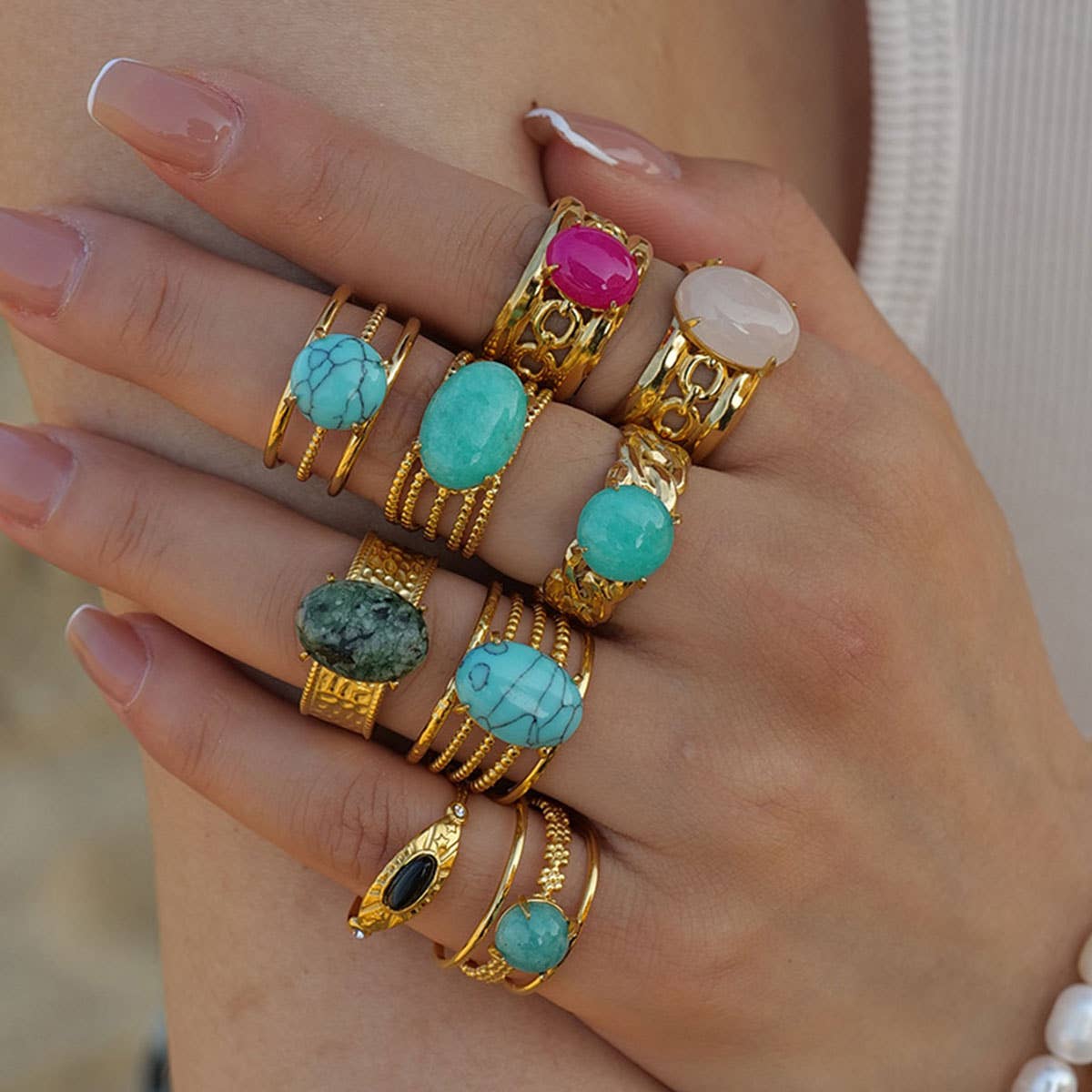 STAINLESS STEEL NATURAL STONE RINGS_TURQUOISE_CWAJE0615: TYPE2 / (OS) 3