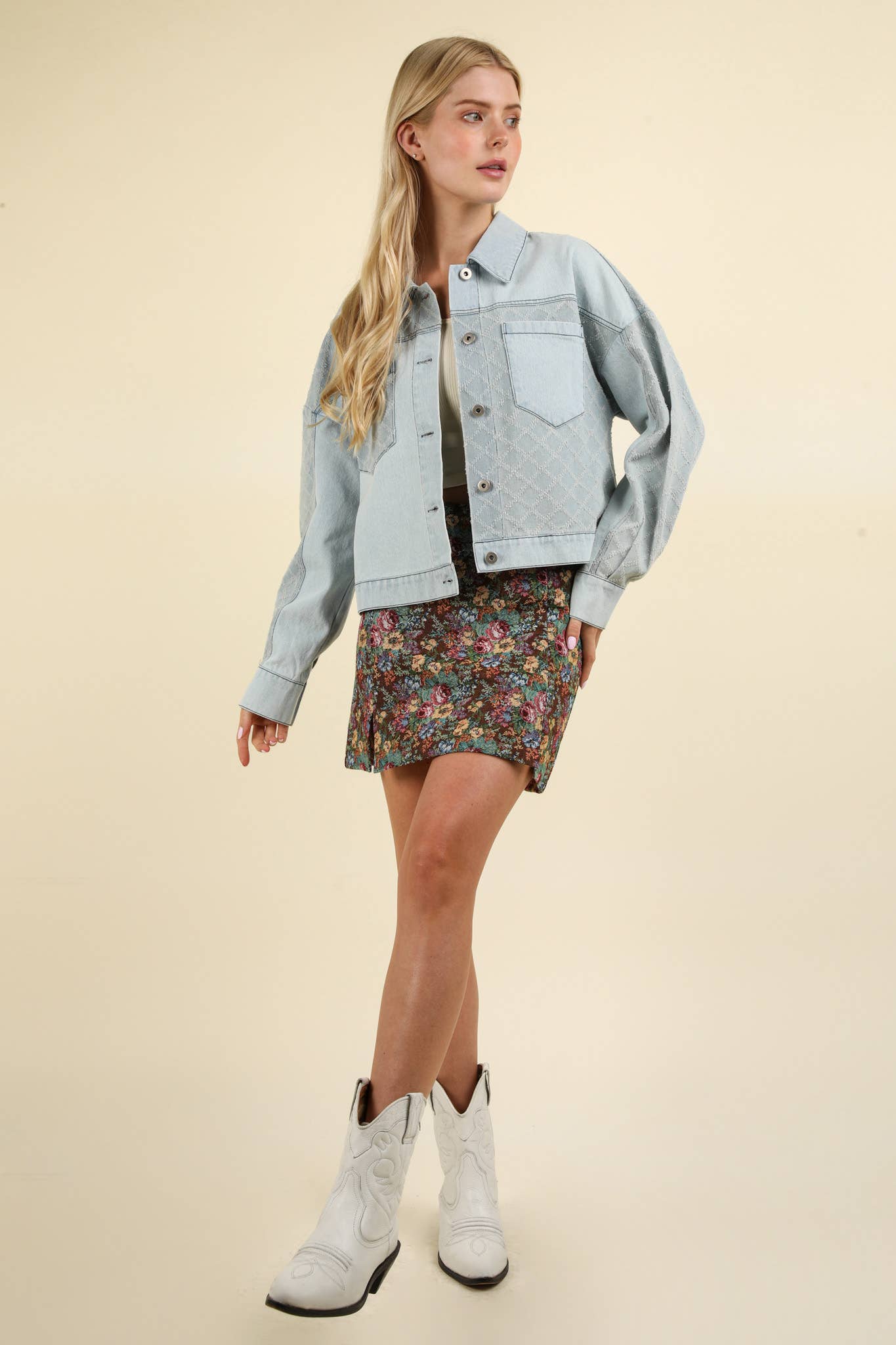 NS50105-Floral Jacquard Fabric Holiday Mini Skirt: BEIGE MIX / S-M-L/2-2-2