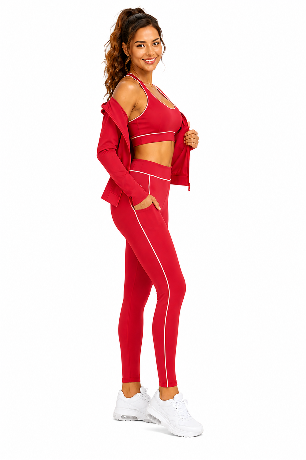 Activewear sports bra with legging and jacket 3 pieces set: Red