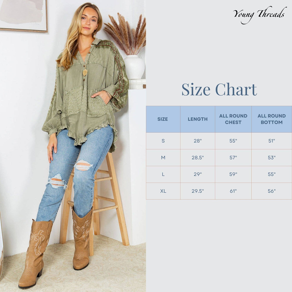 Bohemian Elegance: Stonewashed Rayon Top: Olive / REGULAR (S-M-L-XL-1-2-2-1)