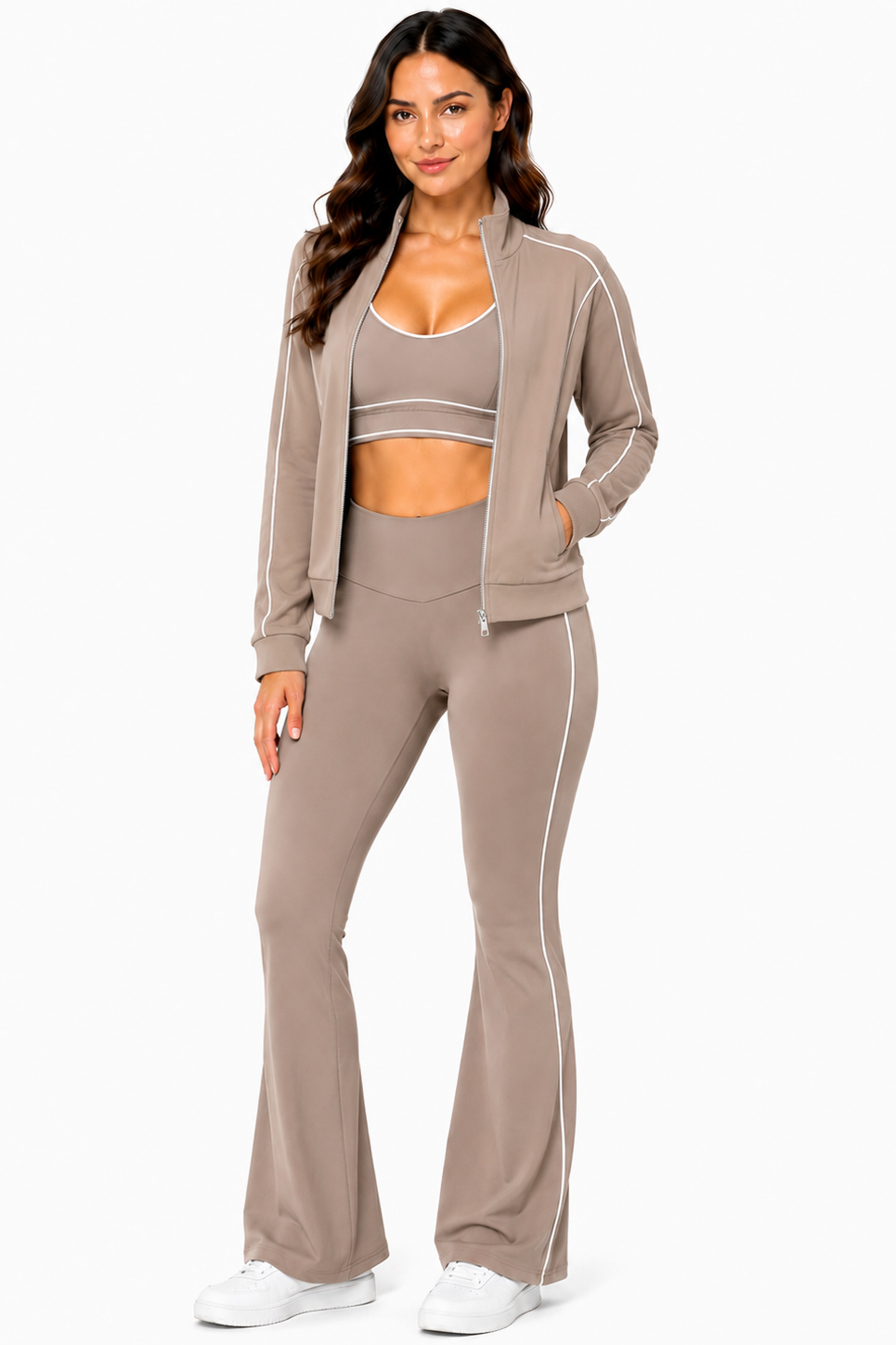 Activewear 3pcs set w/sports bra and jacket and flare pants: Black