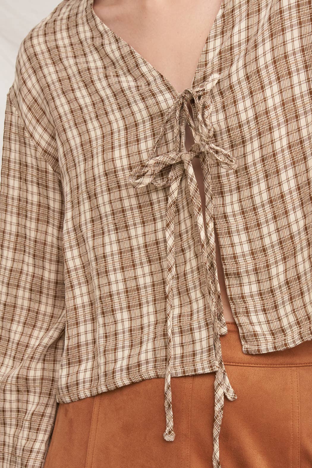 Tie Front Long Sleeve Plaid Blouse: Blue / M