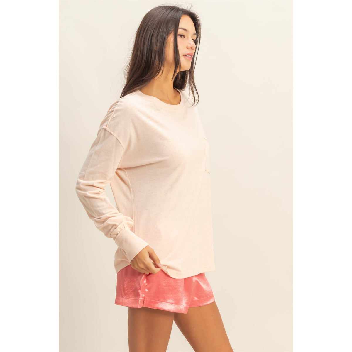 Long Sleeve Pocket T-Shirt: DUSTY PINK / S-M-L(2-2-2)