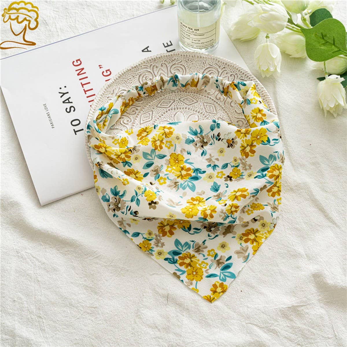 FLORAL PASTORAL STYLE TURBAN WITH ELASTIC BANDANA_CWAHA0847: Yellow / (OS) 3