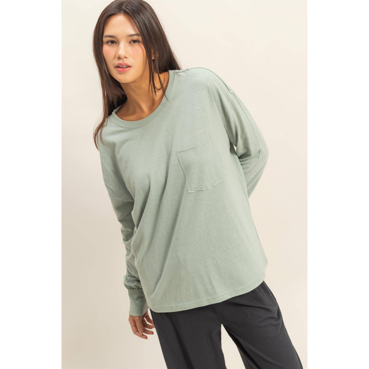 Long Sleeve Pocket T-Shirt: DUSTY PINK / S-M-L(2-2-2)