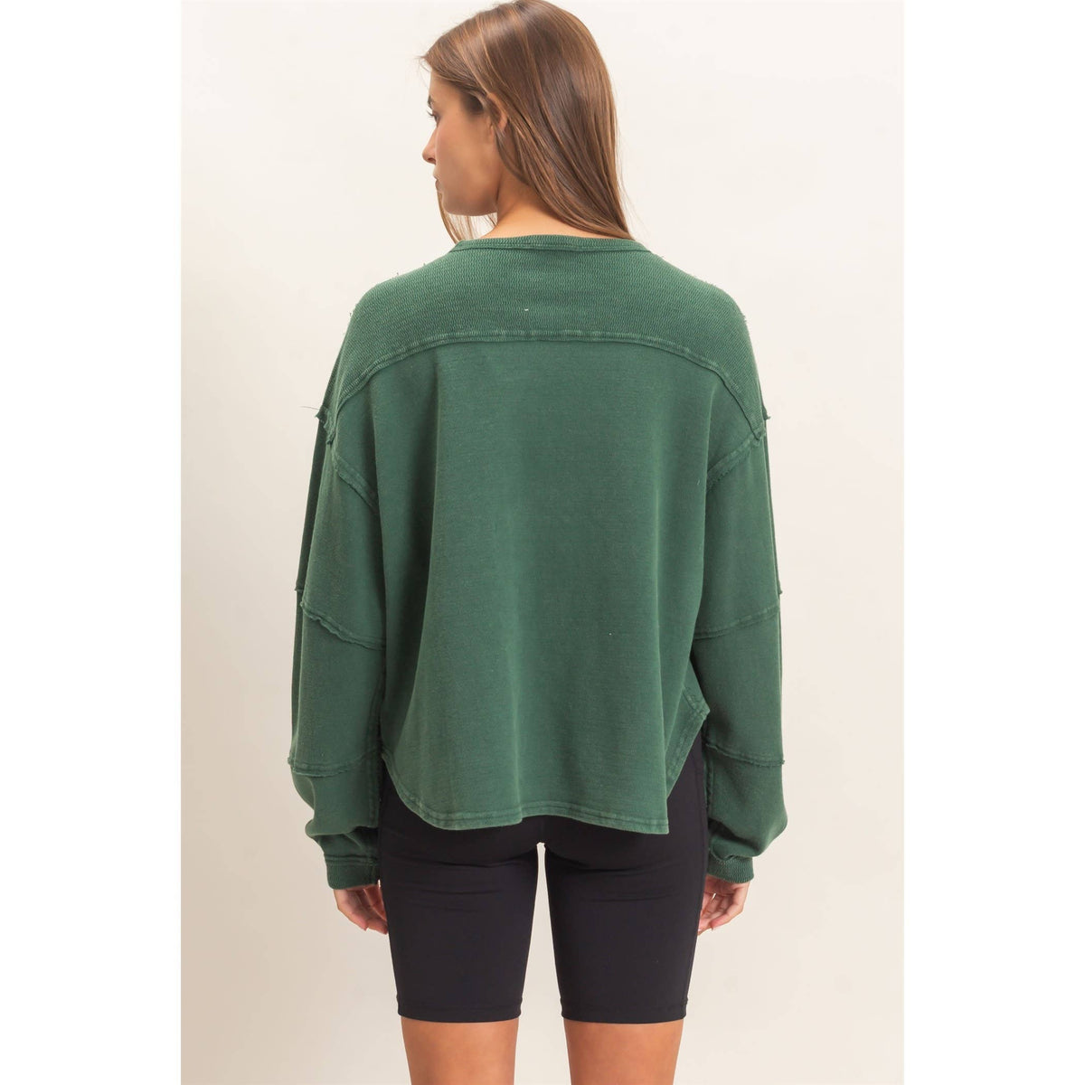 Mineral Wash Overzised Raw Edge Crew Neck Top: DARK RED / S-M-L(2-2-2)