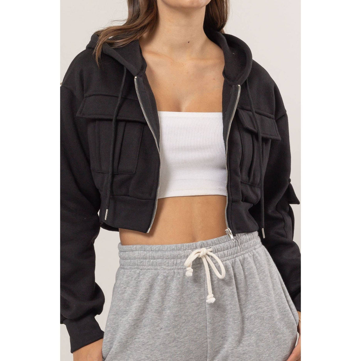 Fleece French Terry Cropped Jacket: BLACK / S-M-L(2-2-2)