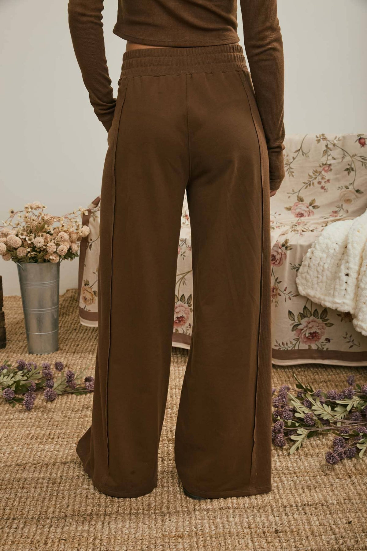 ELASTIC WAIST SIDE PANEL KNIT LOUNGE PANTS : BROWN
