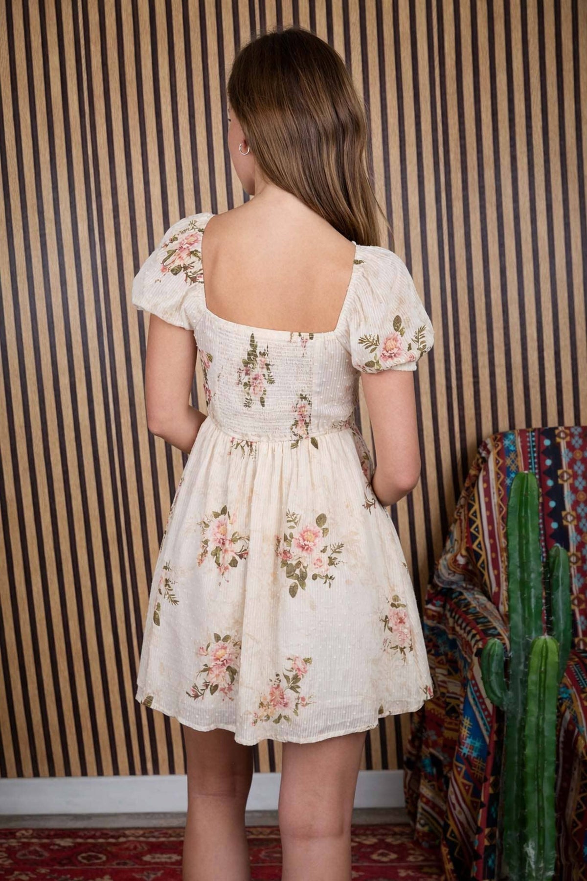 FLORAL STRIPE CLIP DOT SWEETHEART CORSET MINI DRESS : BROWN MULTI