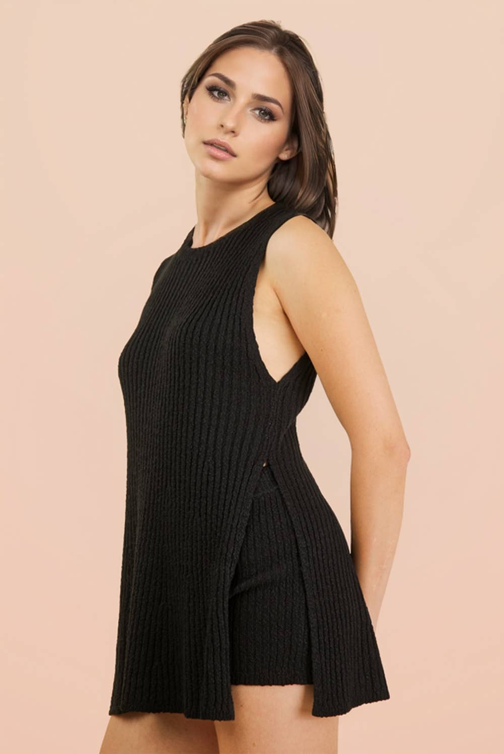 12W3359NSET-Knit Sweater Comfy Top & Shorts Set: BLACK / S-M-L/2-2-2