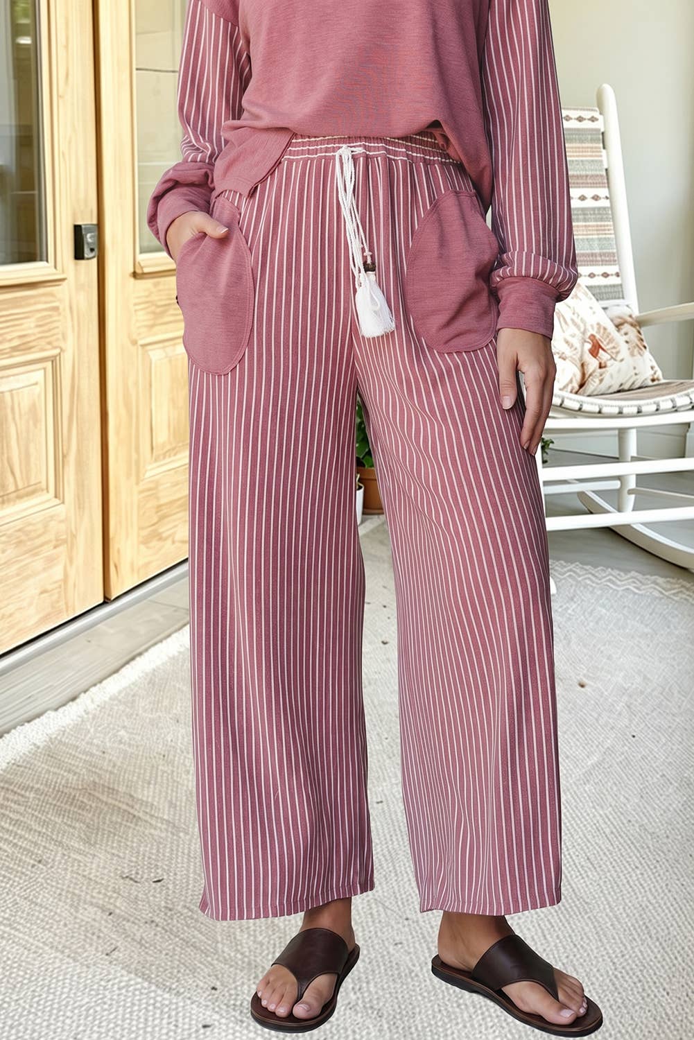 66 Striped Contrast High Waist Plus Size Pants Set (S-4X): Green / M