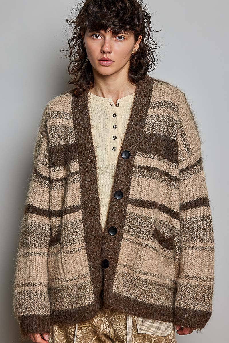 Striped Knit Oversized V-Neck Button Pockets Cardigan SALE: BLACK MULTI / OS