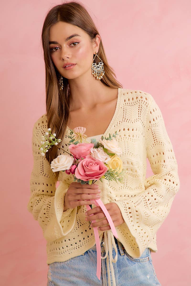 POINTELLE KNIT V NECK RUCHED FRONT LIGHTWEIGHT TOP: IVORY / L