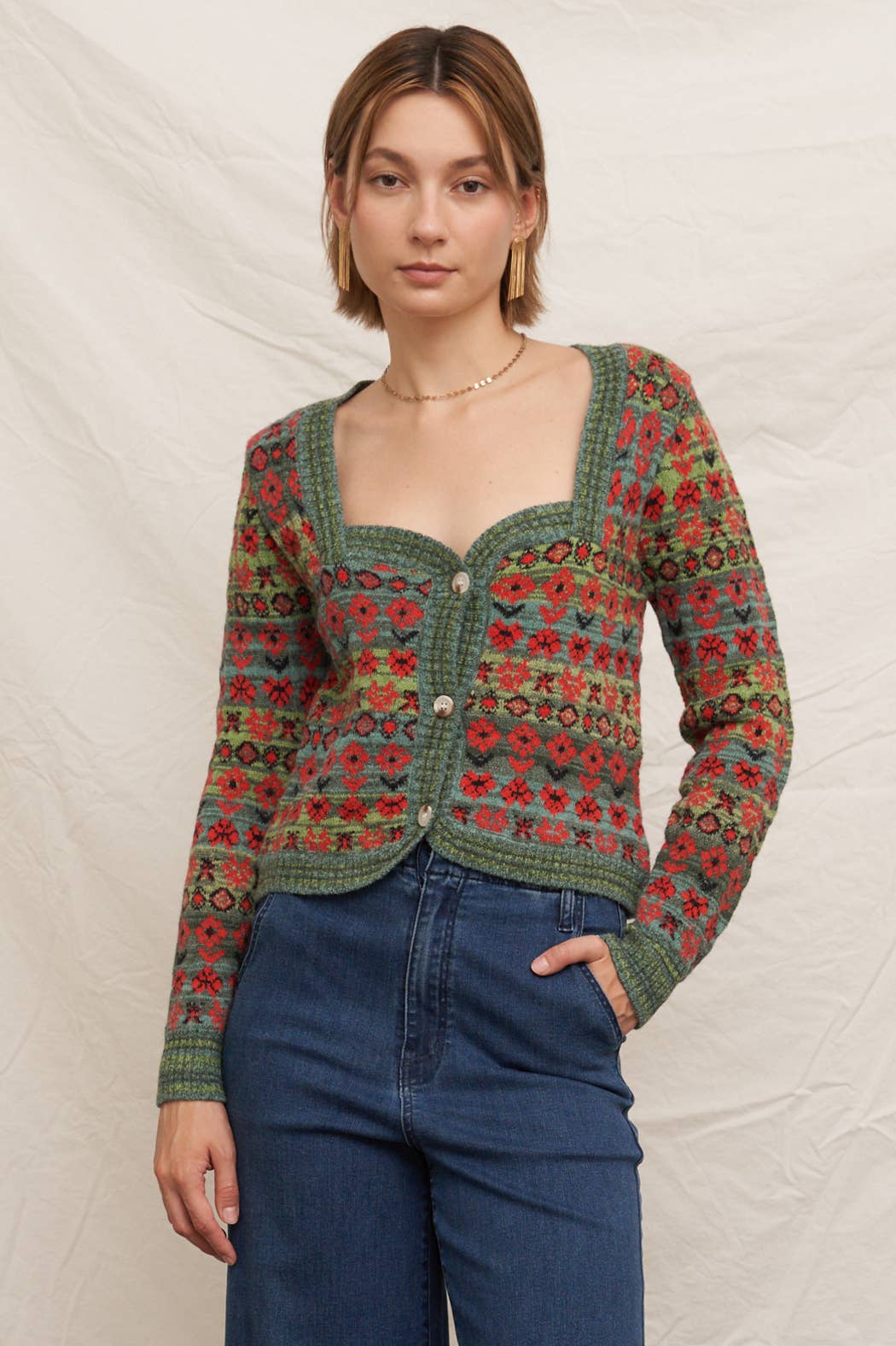 Floral Jacquard Sweetheart Neckline Sweater Cardigan: Green Multi / S