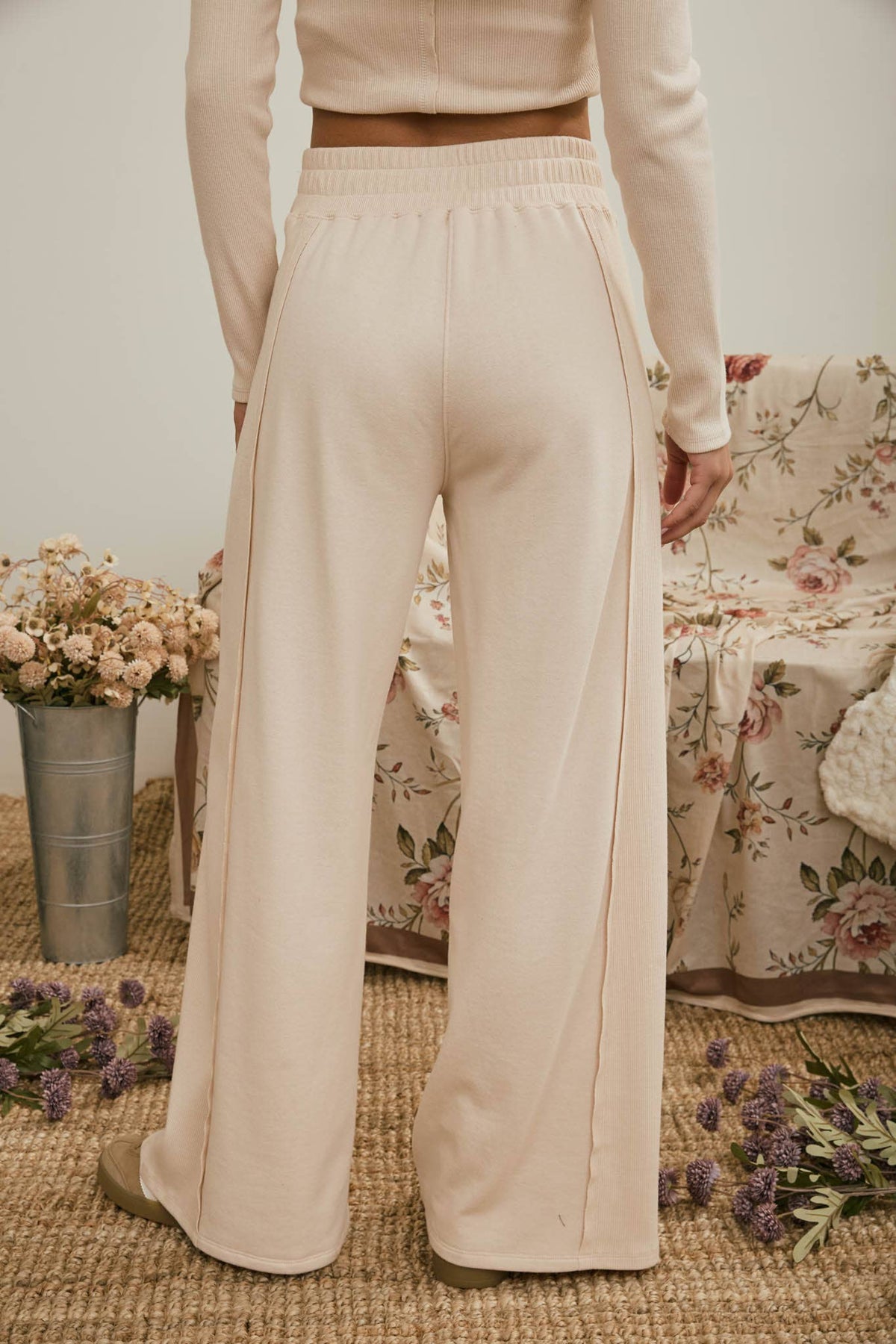 ELASTIC WAIST SIDE PANEL KNIT LOUNGE PANTS : BROWN
