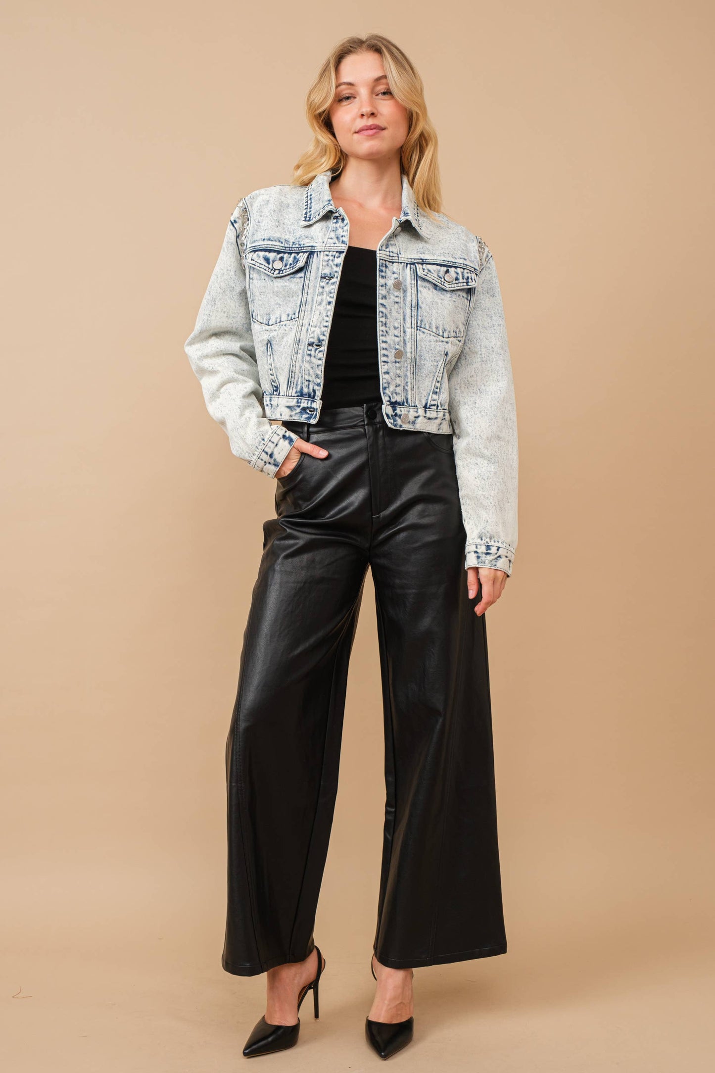 80037J - Acid Washed Shoulder Beading Denim Jacket: LIGHT WASH / S