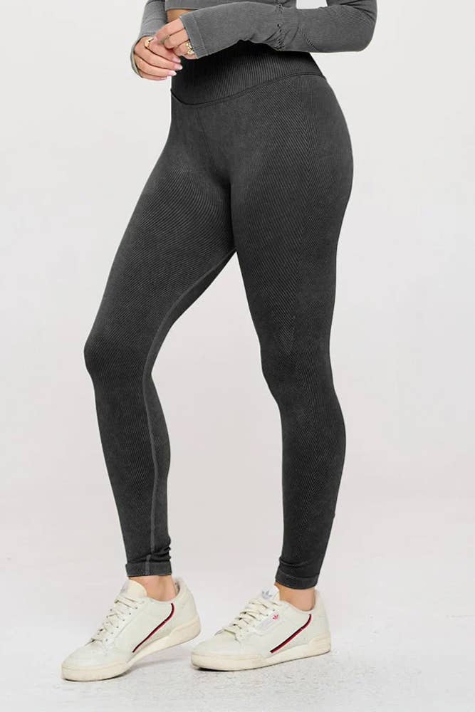 Mineral washed seamless high waist high presser yoga legging: Black