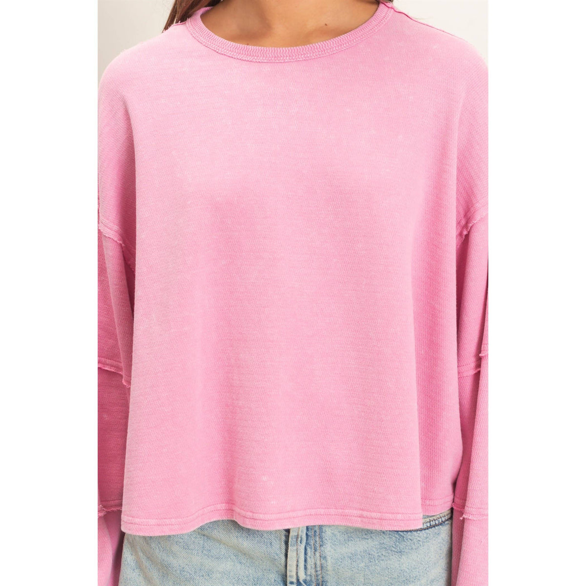 Mineral Wash Overzised Raw Edge Crew Neck Top: DARK RED / S-M-L(2-2-2)