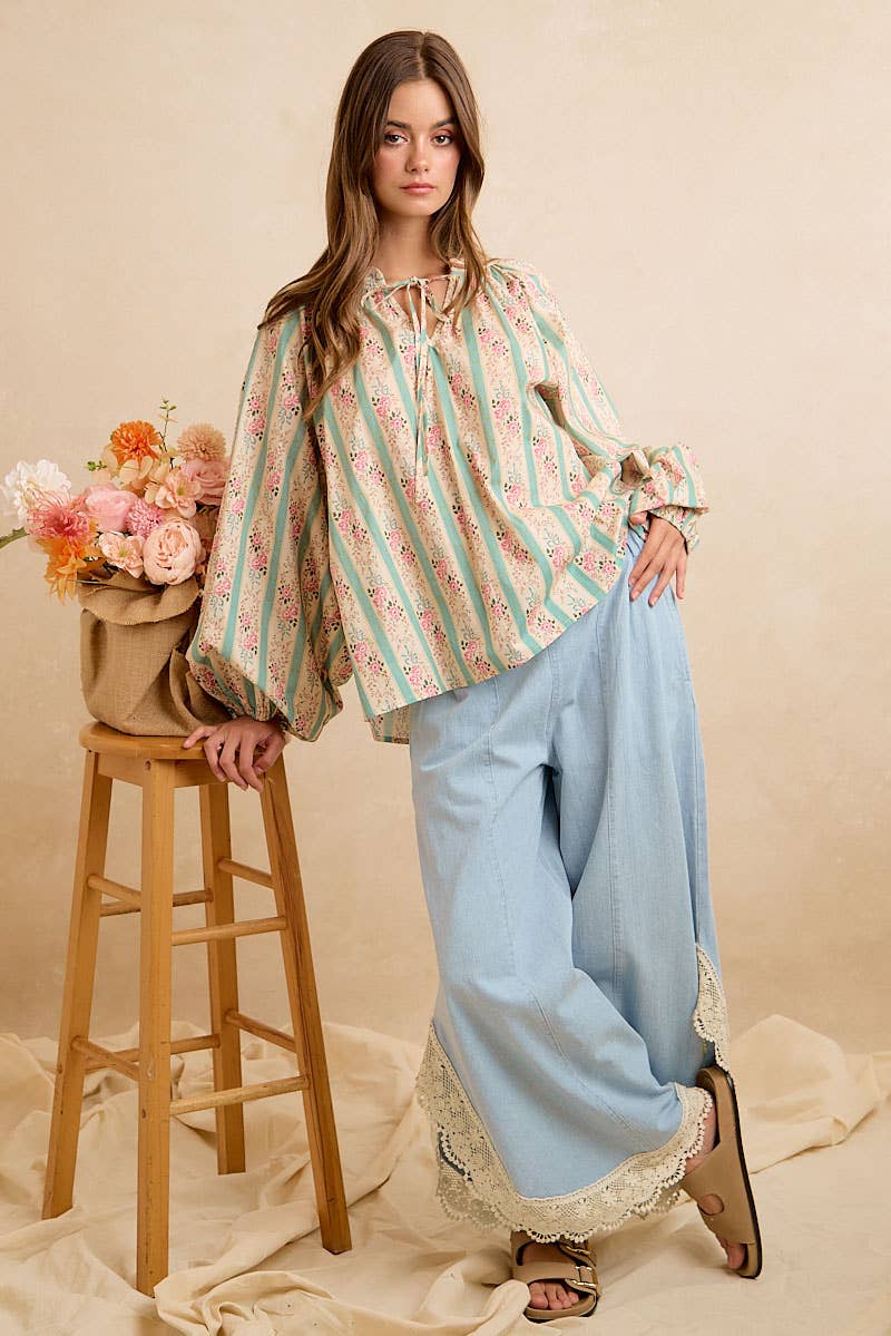 WIDE LEG CROCHET LACE WITH TULIP HEM JEANS: DENIM / XL