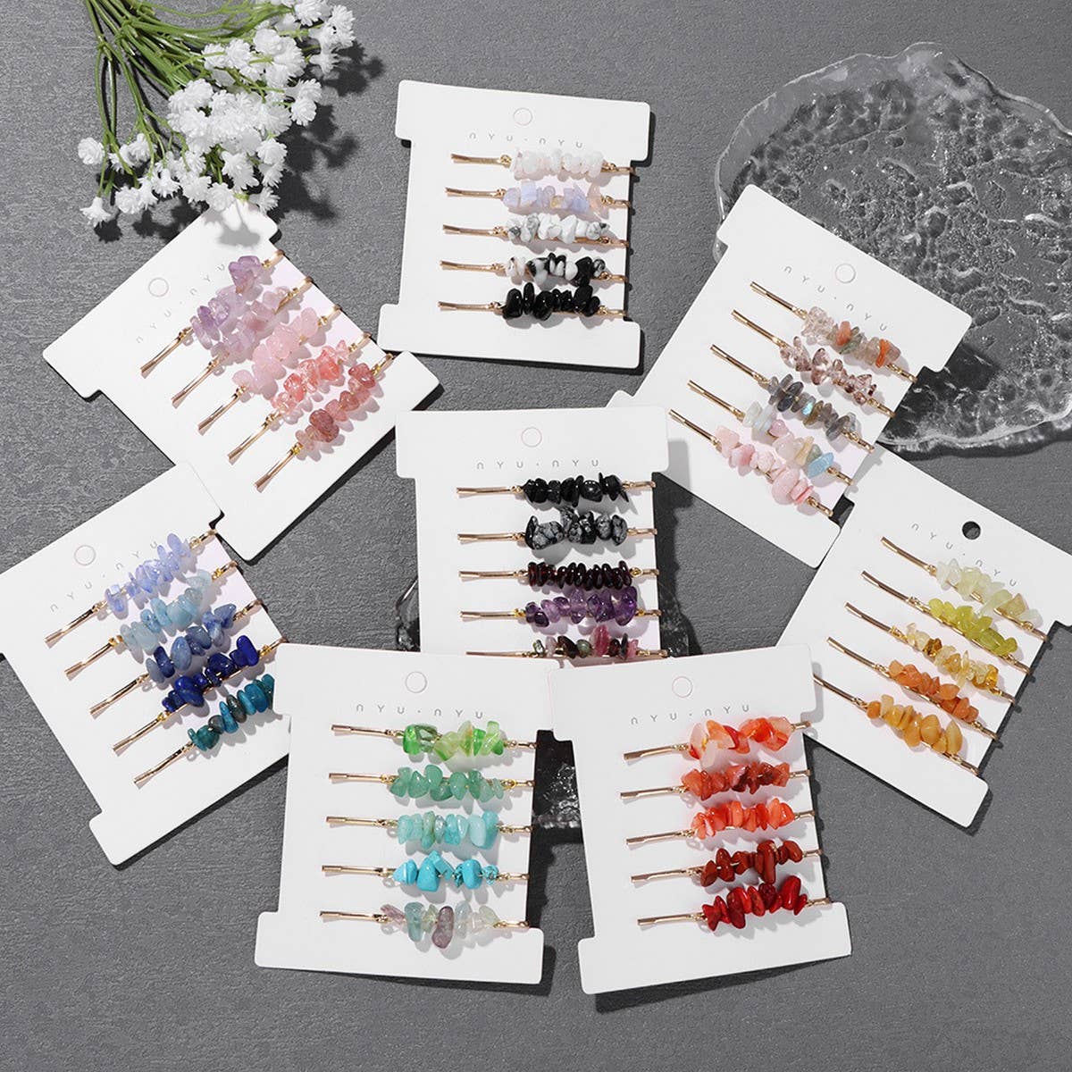 Natural Red Stone Hair Clip Set - Simple & Elegant_CWAHA1763: WHITEYELLOW / (OS) 2