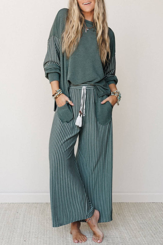 66 Striped Contrast High Waist Plus Size Pants Set (S-4X): Green / L