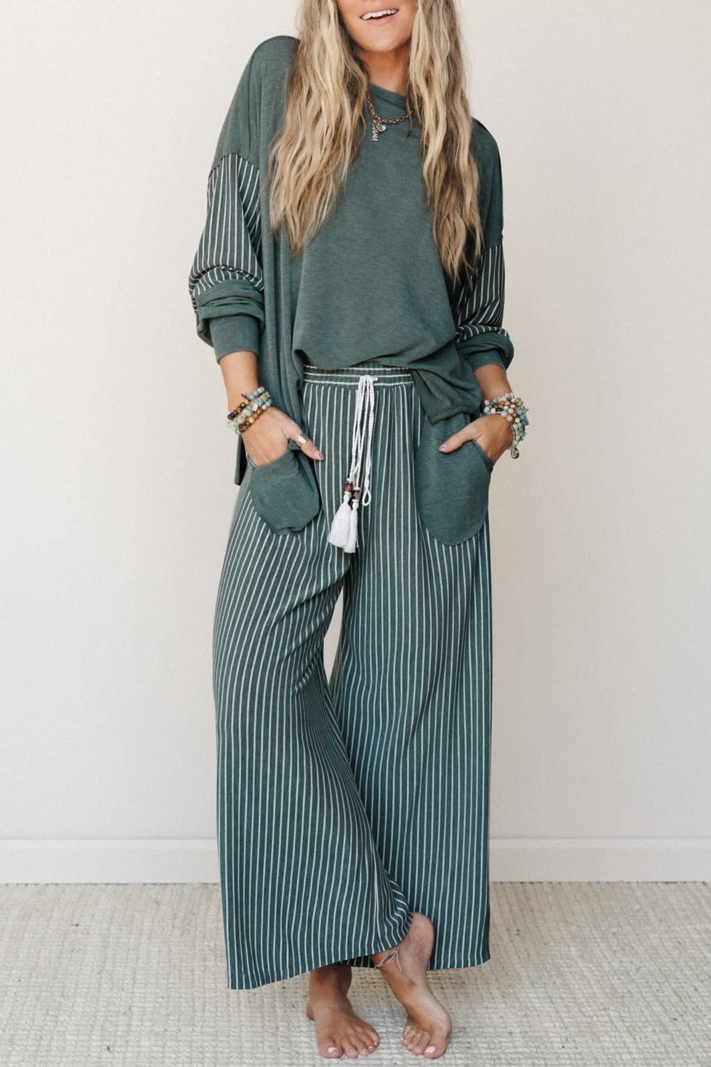 66 Striped Contrast High Waist Plus Size Pants Set (S-4X): Green / S